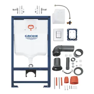 Gloss White Hidden Fixation Rimless Wall Hung Toilet Pan & GROHE 1.13m Concealed WC Cistern Frame