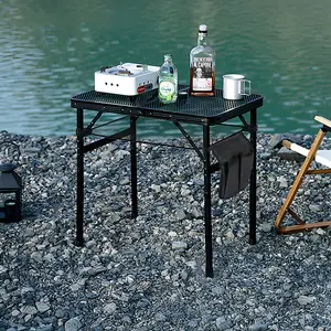 Black Aluminum Alloy  Portable Folding Camping Table with Adjustable Height, Mesh Top, and Storage Layer 66 cm (W)