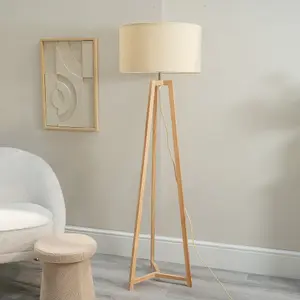 ValueLights Lottie Natural Wood Tripod Floor Lamp with Natural Drum Shade