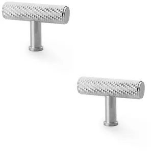 2 PACK - Knurled T Bar Cupboard Door Knob - 55mm x 38mm - Satin Chrome Unit Pull Handle