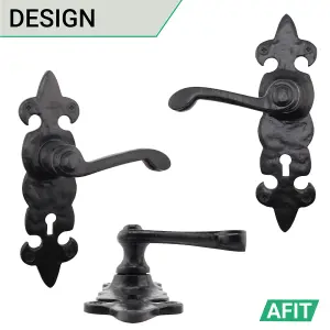 AFIT Black Antique Fleur De Lys Door Handles for Key Lock - 1 Pair of Cast Iron Internal Lever Handles on Backplate