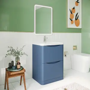 Floor Standing 2 Drawer Vanity Basin Unit with Polymarble Basin, 600mm - Satin Blue