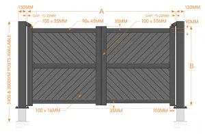 Double Swing Gate 3000x2000mm Black - Diagonal Solid Infill and Flat Top