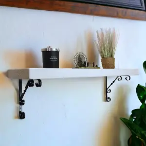 Solid Wood Handmade Rustical Shelf White 225mm 9 inch with Black Metal Bracket WO Length of 160cm