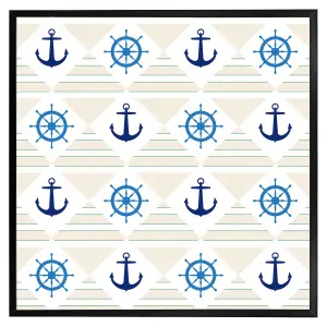 Nautical elements on striped background (Picutre Frame) / 12x12" / Grey