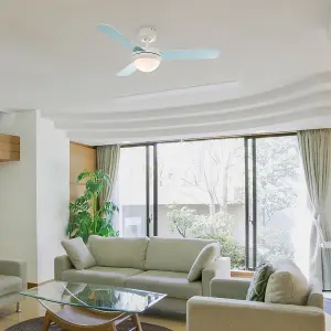 ValueLights 42" / 106cm Modern Duck Egg Blue/Cream Reversible Blade Ceiling Fan with Frosted Opal Shade - with Remote Control