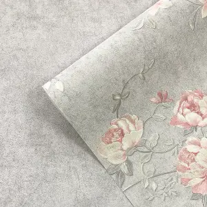 Muriva Pink & Grey Floral Mica effect Embossed Wallpaper