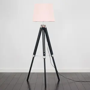 ValueLights Clipper Black Wood and Silver Chrome Tripod Floor Lamp with Pink Light Shade Complete with 6w LED GLS Bulb