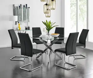 Furniturebox UK Novara Chrome Metal And Glass Large Round Dining Table And 6 Black Lorenzo Chairs Set