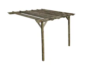 Lean to wooden garden pergola kit - Longhorn design wall mounted gazebo, 4.8m x 4.8m (Rustic brown finish)