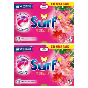 Surf 3 in 1 Laundry Washing Detergent Capsules Tropical Lily, 102 Washes, 2Pk