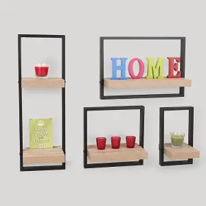 200mm nova framed floating shelf kit, oak effect shelf with black frame