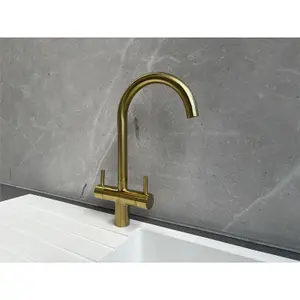 Liquida W03BG Monobloc Swan Neck Twin Lever Brushed Gold Kitchen Mixer Tap