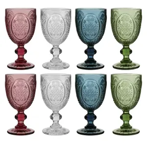 Set of 8 Vintage Luxury Mix Match Pink, Blue, Clear & Green Drinking Wine Glass Wine Goblets 310ml