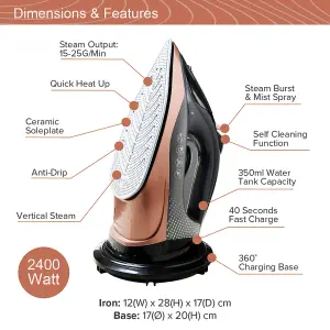 Quest Rechargeable Cordless Steam Iron - Ceramic Soleplate - Self Cleaning - Adjustable Temperature and Steam Output - 2400W