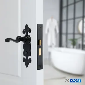 XFORT Black Antique Fleur De Lys Bathroom Handles & Bathroom Lock & Butt Hinges