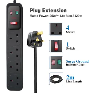 Extrastar 4 Gang Switched Surge-Protected Extension Lead 2M Black, 13A