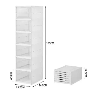 6 Tier 6 Compartment White Stackable Foldable Shoe Storage Box Unit for Home Hallway and Corner