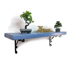 Wooden Rustic Shelf with Bracket WO Black 220mm 9 inches Nordic Blue Length of 110cm