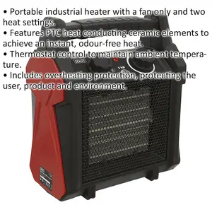 2000W Industrial Ceramic Fan Heater - 2 Heat Settings - Thermostat Control