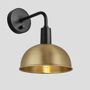 Industville Sleek Dome Wall Light, 8 Inch, Brass, Black Holder