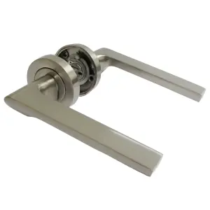 UNO-2 Door Handle Lock Key Set Modern Satin Nickel Lever on Rose Internal Escutcheon