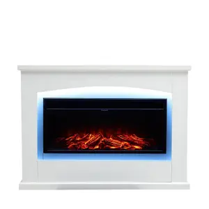 Electric Fire Suite Black Fireplace with White Surround Set 7 LED Mood Light Adjustable Stove Size 34''