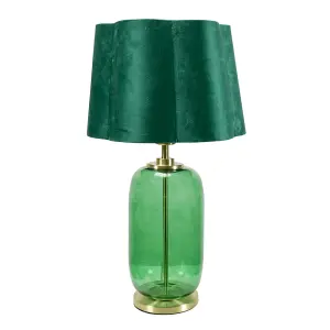 ValueLights Leigh Green Velvet Scallop Shade with Forest Green Glass and Gold Trim Table Lamp and LED Bulb