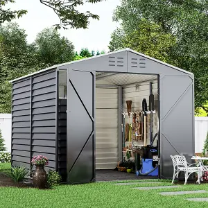 8 x 8.5 ft Apex Metal Garden Storage Shed Outdoor Tool Storage House Double Door with 2 Windows,Charcoal Black