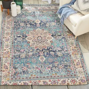 Blue Luxurious Traditional Persian Easy to Clean Floral Rug For Dining Room-71cm X 230cm