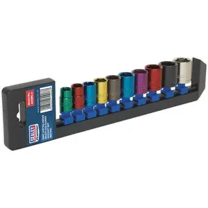 10 PACK Multi Colour Socket Set 3/8" Metric Square Drive - 6 Pt WallDrive Torque