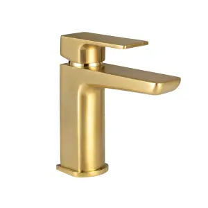 Brushed Brass Shower Kit Rigid Riser Over Head Rainfall & Brushed Brass Basin Tap, Bath Filler Mixer Pack