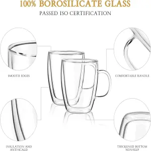 Almineez Set o 2 Double Walled Glass Coffee Mugs 450ml Thermal Insulated Borosilicate Glass Cups with Handle for Tea