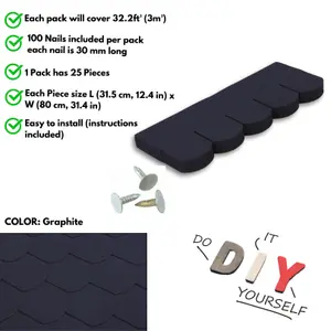 Premium Asphalt Roof Shingles, 25 Pcs Covers 32.2 sqft - Graphite Fish Scales Design 80 x 31.5 cm Weather Resistant Roofing Felt