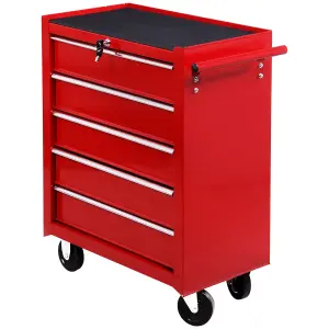 HOMCOM Tool Trolley with 5 Drawers Steel Tool Chest on Wheels with Handle Red