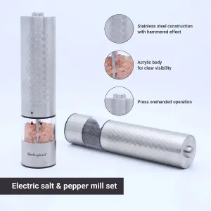 Stainless Steel Electric salt and pepper mill set. Rechargeable mill set, perfect for Kitchen use. measuring 1kg of weight.