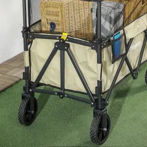 Outsunny 180L Folding Garden Trolley Wagon Cart w/ Extendable Side Walls, Khaki