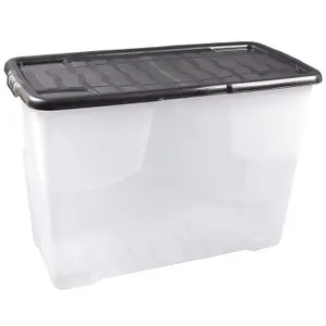 1 x 100 Litre Clear Transparent Base Stackable Curve Plastic Storage Box With Black Lid