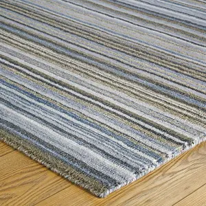 Handmade Easy to Clean Luxurious Modern Striped Grey Wool Rug for Living Room & Bedroom-80cm X 150cm