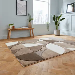 Beige Easy to Clean Abstract Geometrical Modern Rug for Living Room, Bedroom, Dining Room - 80cm X 150cm