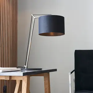 Nickel Plated Angular Table Lamp Light - Black Base & Cotton Shade - Desk Light