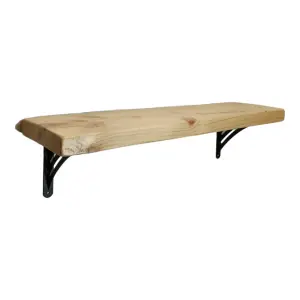 Solid Wood Handmade Rustical Shelf Primed 225mm 9 inch with Black Metal Bracket WAT Length of 220cm