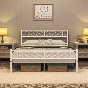 Yaheetech White 4ft6 Double Metal Bed Frame with Arrow Design Headboard and Footboard