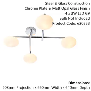 Polished Chrome Semi Flush Bathroom Ceiling Light & Opal Glass Shade - Four Bulb