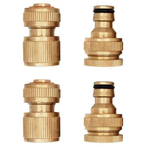 4 Pieces Garden Hose Tap Connector, Solid Brass 1/2" - 3/4" Tap Adapter and 1/2" Hose Pipe Quick Connector