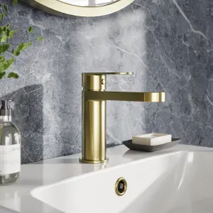 Round Mono Bathroom Basin Mixer Tap & Push Button Waste - Brushed Brass