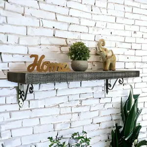 Solid Wood Handmade Rustical Shelf Monochrome 145mm 6 inch with Silver Metal Bracket WOZ Length of 20cm