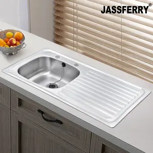 JASSFERRY Inset Stainless Steel Single Bowl Kitchen Sink Right Hand Drainer Two Pre-drilled Tap Hole, 930 x 480 mm