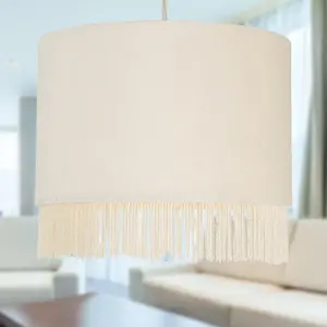 First Choice Lighting Set of 2 Fringed Off White 23cm Fringed Velvet Pendant Shades