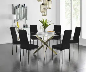 Furniturebox UK Novara 120cm Gold Round Dining Table and 6 Black Velvet Milan Black Leg Chairs